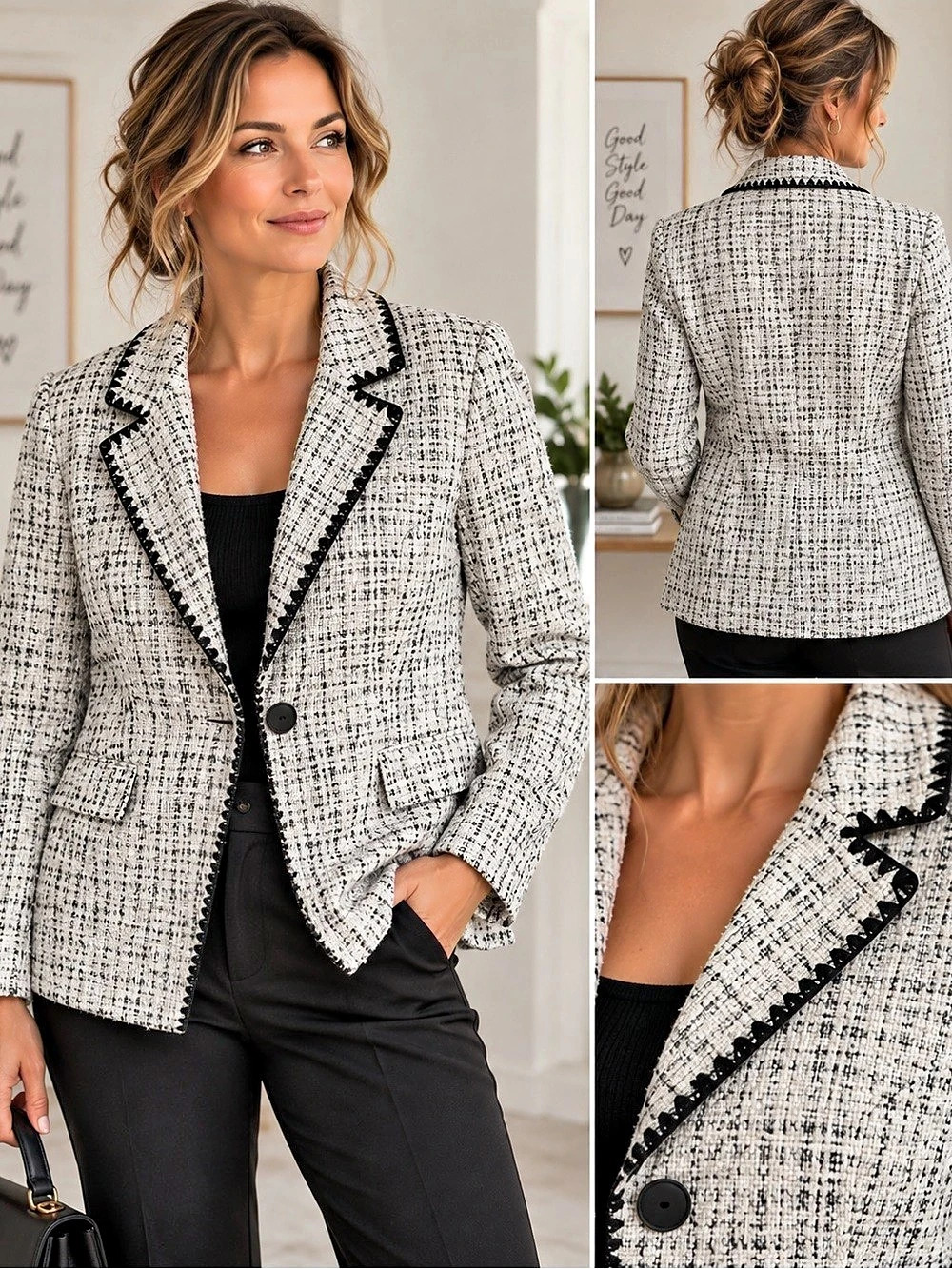 Laura Petites Checkered Blazer White & Black Size 14 Like New